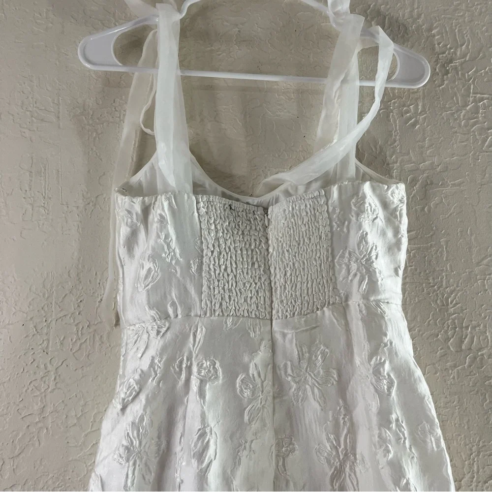 Lulu's Gorgeous Persona White Satin Jacquard Tie Strap Midi Dress - Picture 10 of 15